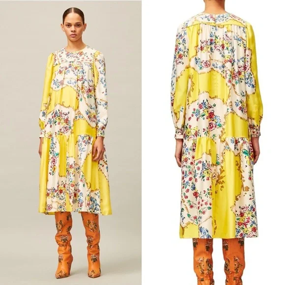 TORY BURCH Silk Quilted Yoke Yellow Floral Silk Midi Dress Size 4 - Picture 11 of 16